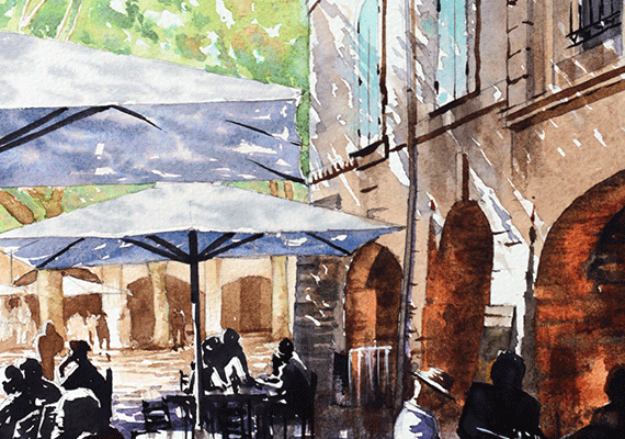 Dejeuner, Place aux Herbes. Watercolour. 10ins x 12ins.