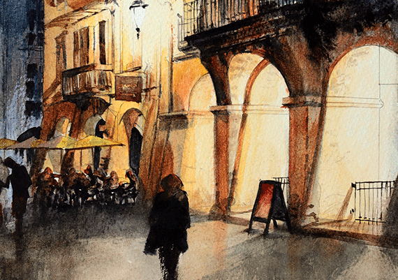 Dusk. Place Aux Herbes. Watercolour. 10ins x 12ins.